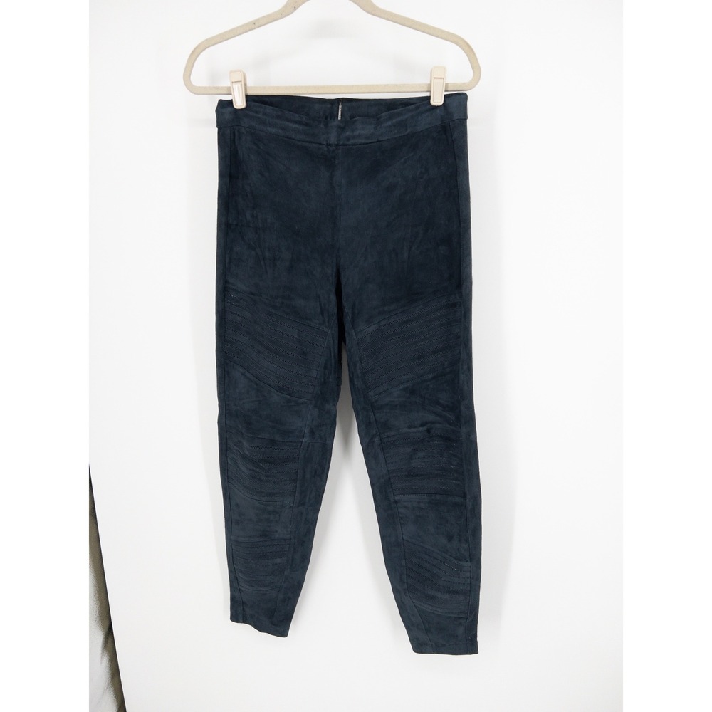 Elie Tahari Navy Blue Lamb Suede Moto Leggings Pants Perforated Cutouts Large